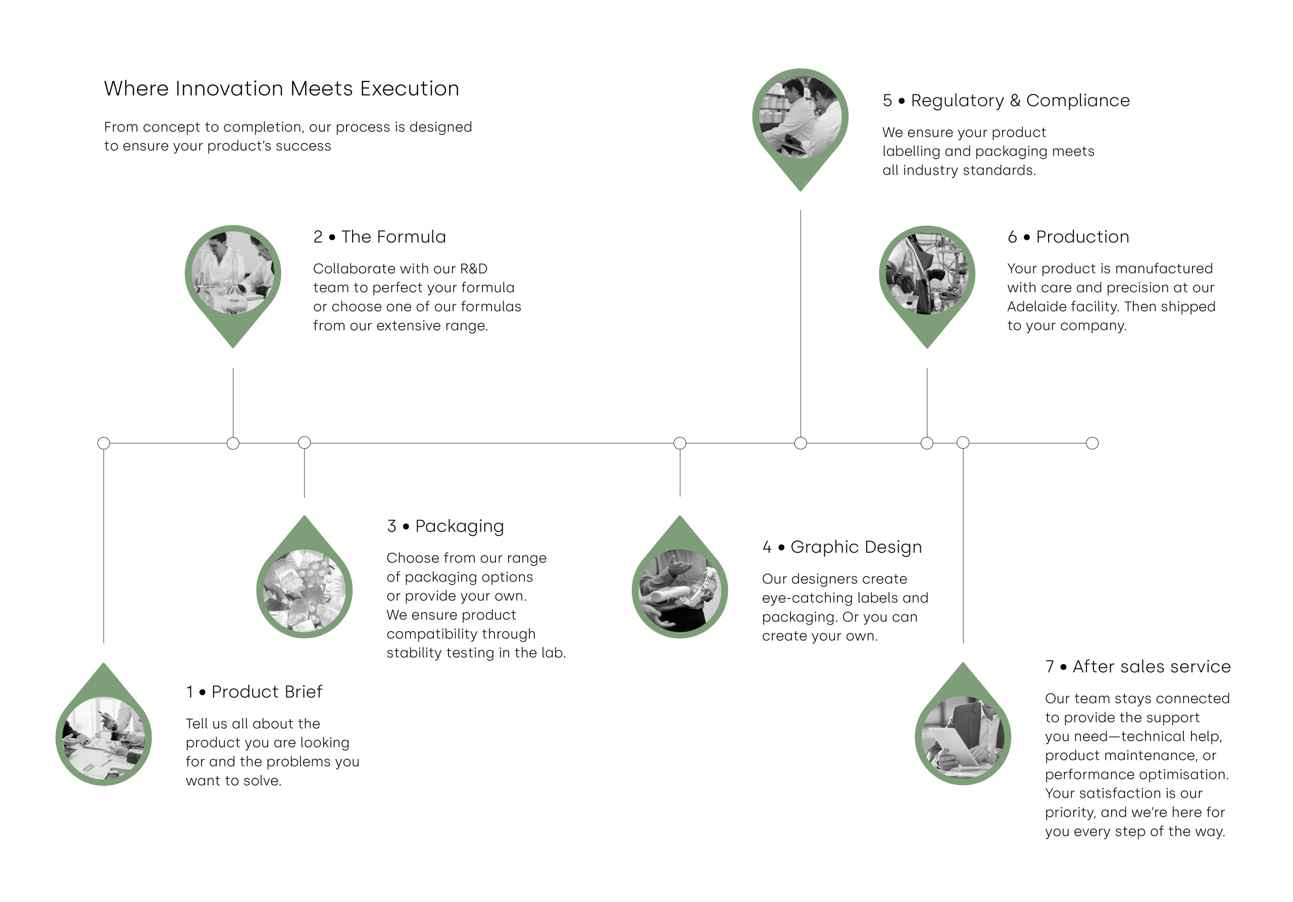 innovation, execution, regulatory, compliance, research, development, production, packaging, graphic design, formula, after sales service. 